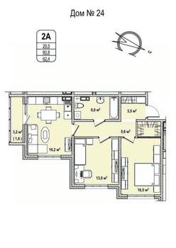 2-к квартира, строящийся дом, 62м2, 4/17 этаж