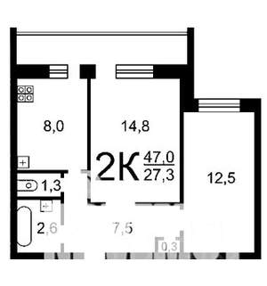 2-к квартира, вторичка, 47м2, 2/9 этаж