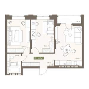 2-к квартира, вторичка, 56м2, 15/16 этаж