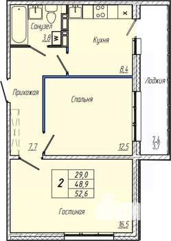 2-к квартира, вторичка, 53м2, 1/17 этаж