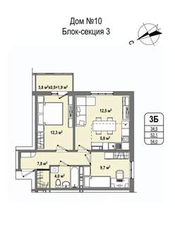 3-к квартира, строящийся дом, 54м2, 7/16 этаж