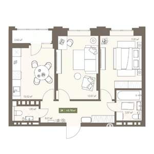 2-к квартира, вторичка, 50м2, 13/16 этаж