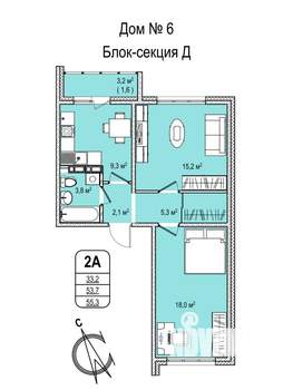 2-к квартира, строящийся дом, 55м2, 12/16 этаж