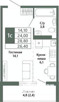 1-к квартира, вторичка, 26м2, 14/15 этаж