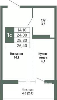 1-к квартира, вторичка, 26м2, 3/15 этаж