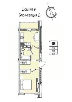 1-к квартира, строящийся дом, 37м2, 7/16 этаж