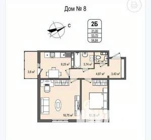 2-к квартира, вторичка, 54м2, 1/16 этаж