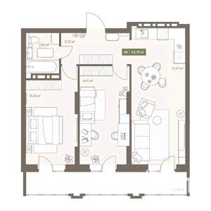 2-к квартира, вторичка, 62м2, 16/16 этаж