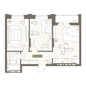 2-к квартира, вторичка, 56м2, 13/16 этаж