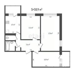 3-к квартира, вторичка, 59м2, 2/12 этаж