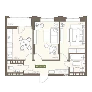 2-к квартира, вторичка, 50м2, 6/16 этаж