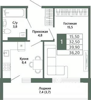 1-к квартира, вторичка, 36м2, 3/15 этаж
