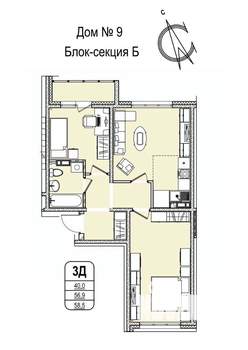 3-к квартира, строящийся дом, 59м2, 12/16 этаж