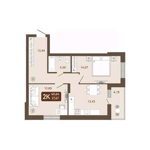 2-к квартира, вторичка, 61м2, 9/20 этаж