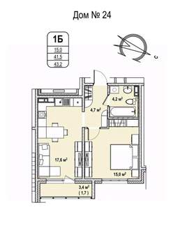1-к квартира, строящийся дом, 43м2, 14/17 этаж
