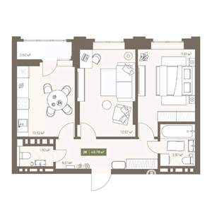 2-к квартира, вторичка, 50м2, 13/16 этаж