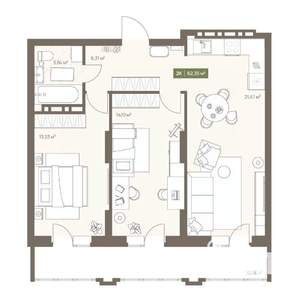 2-к квартира, вторичка, 62м2, 7/16 этаж