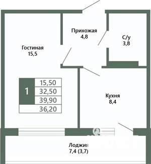 1-к квартира, вторичка, 36м2, 8/15 этаж