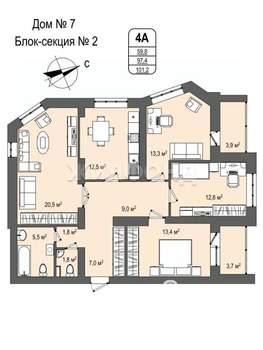 4-к квартира, вторичка, 101м2, 9/9 этаж
