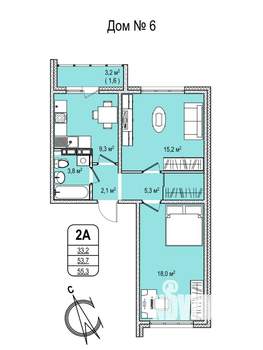 2-к квартира, строящийся дом, 56м2, 16/16 этаж
