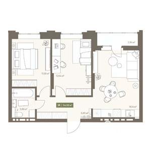 2-к квартира, вторичка, 55м2, 9/16 этаж