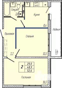 2-к квартира, вторичка, 53м2, 6/17 этаж