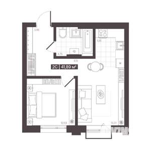 2-к квартира, строящийся дом, 42м2, 4/16 этаж