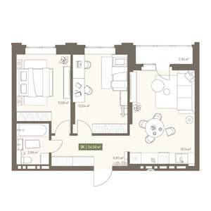 2-к квартира, вторичка, 55м2, 2/16 этаж