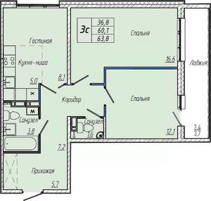 2-к квартира, вторичка, 64м2, 5/17 этаж