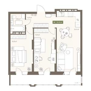 2-к квартира, вторичка, 62м2, 3/16 этаж