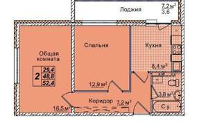 2-к квартира, вторичка, 52м2, 1/16 этаж