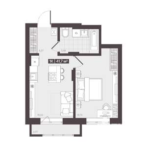 1-к квартира, строящийся дом, 42м2, 4/6 этаж