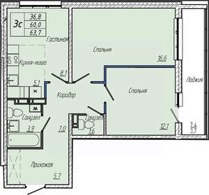 2-к квартира, вторичка, 64м2, 16/17 этаж