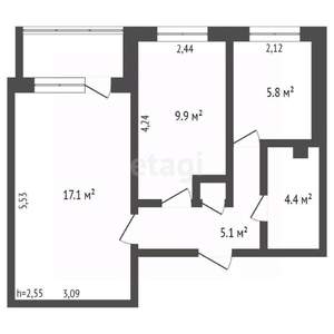 2-к квартира, вторичка, 43м2, 1/9 этаж