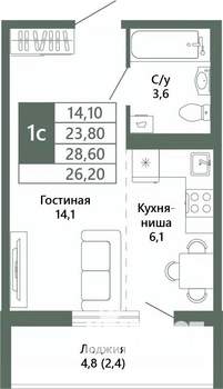 1-к квартира, вторичка, 26м2, 12/15 этаж