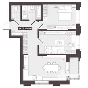 2-к квартира, вторичка, 64м2, 12/16 этаж