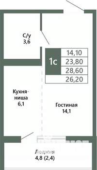 1-к квартира, вторичка, 26м2, 12/15 этаж