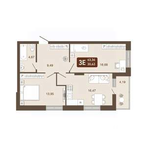 2-к квартира, вторичка, 63м2, 13/20 этаж