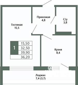 1-к квартира, вторичка, 36м2, 13/15 этаж