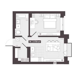 1-к квартира, строящийся дом, 37м2, 13/16 этаж