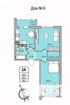 2-к квартира, строящийся дом, 55м2, 1/16 этаж