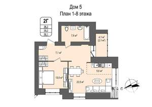 2-к квартира, строящийся дом, 58м2, 7/16 этаж