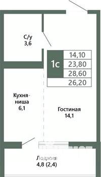 1-к квартира, вторичка, 26м2, 5/15 этаж