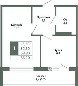 1-к квартира, вторичка, 36м2, 1/15 этаж